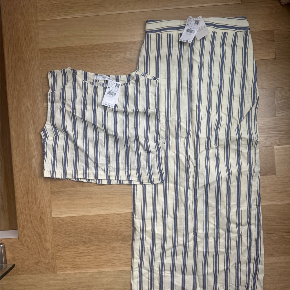 Mango Striped Linen Tank and Maxi Skirt Set - Cream and Blue Two-Piece, Size 4